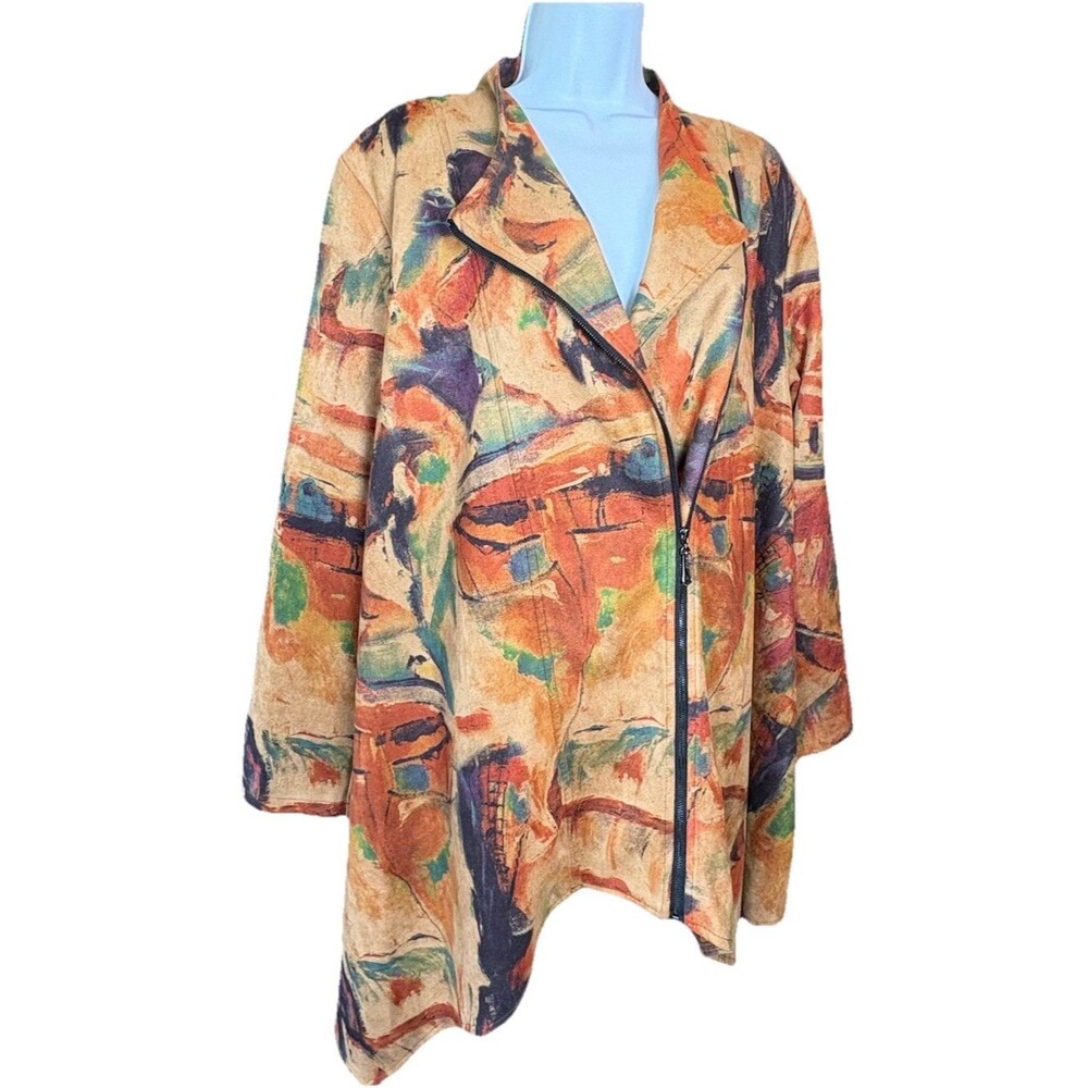 Feratelli Abstract Art To Wear Asymmetrical Zip Jacket Faux Suede Size Large